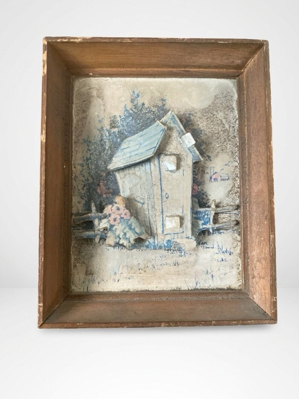 VTG Framed 3D Diorama Garden Shadow Box Cottage Country Farmhouse Shabby Chic